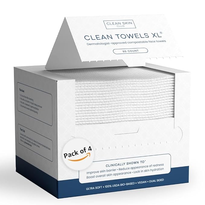Clean Skin Club Clean Towels XL™, 100% USDA Biobased Face Towel, Disposable Face Towelette, Eczema Association Accepted, Makeup Remover Dry Wipes, Ultra Soft, 200 Ct, 4 Pack