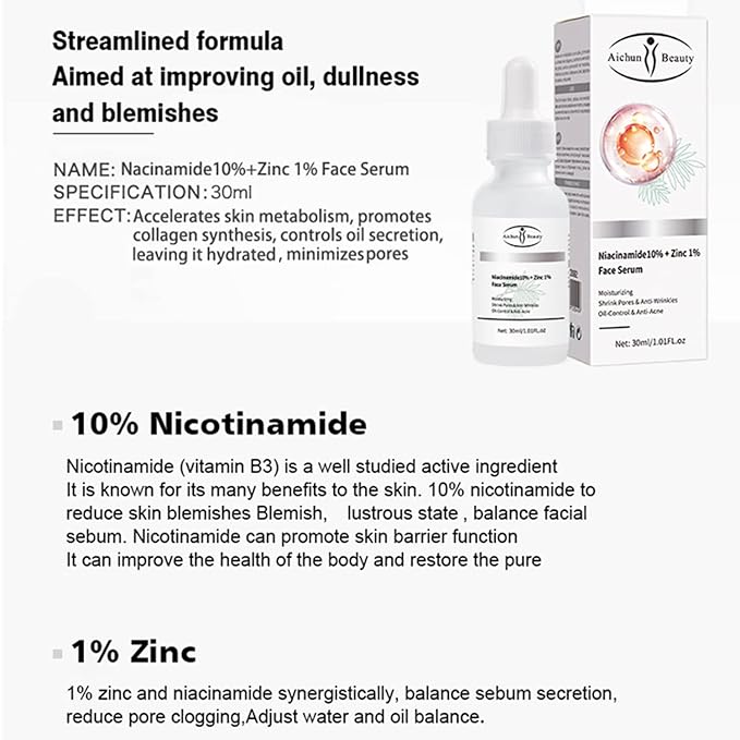 AICHUN BEAUTY Face Serum Eye Essence Anti-Wrinkles Anti-Acne Oil-Control Anti-Freckle Refreshing Moisturizing Purifying Shrink Pores 30ml 1.01FL.oz (Niacinamide10% + Zinc 1% Face Serum)