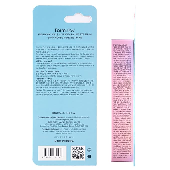 Farmstay Hyaluronic Acid Roll-on Eye Serum with 2% Niacinamide & Collagen – Hydrating Korean Eye Roller for Dark Circles, Puffy Eyes & Wrinkles – 0.84 fl. oz.