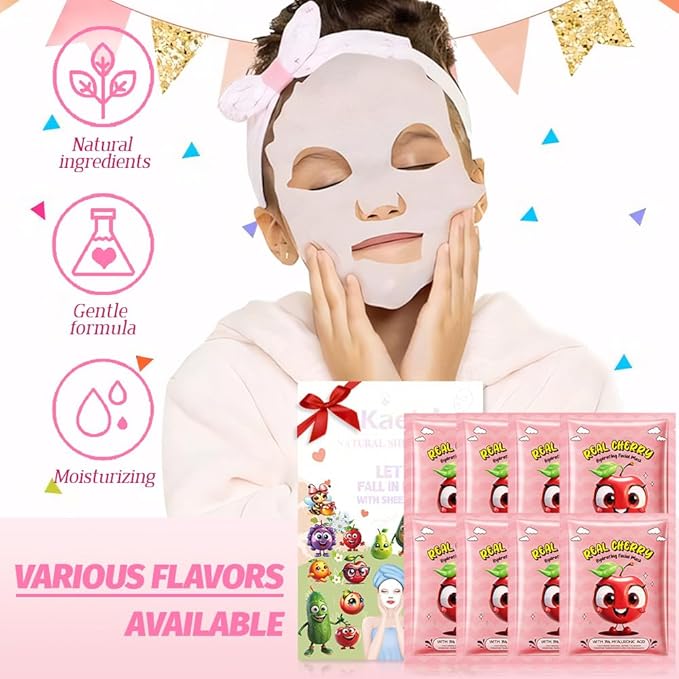 8 Pack Cherry Fruit Face Masks for Kids,Hydrating Spa Face Mask For Sensitive Skin,Moisturize,Soothing,Nourish for All Skin Types,Natural Skin Care Spa Face Mask for Women Men Girls
