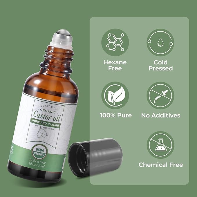 Castor Oil Roll on for Face Eye Hair Scalp Eyebrow, Under Eye Roller, Certified Organic Cold Pressed Body Castor Oil Roller Stick Glass Bottle