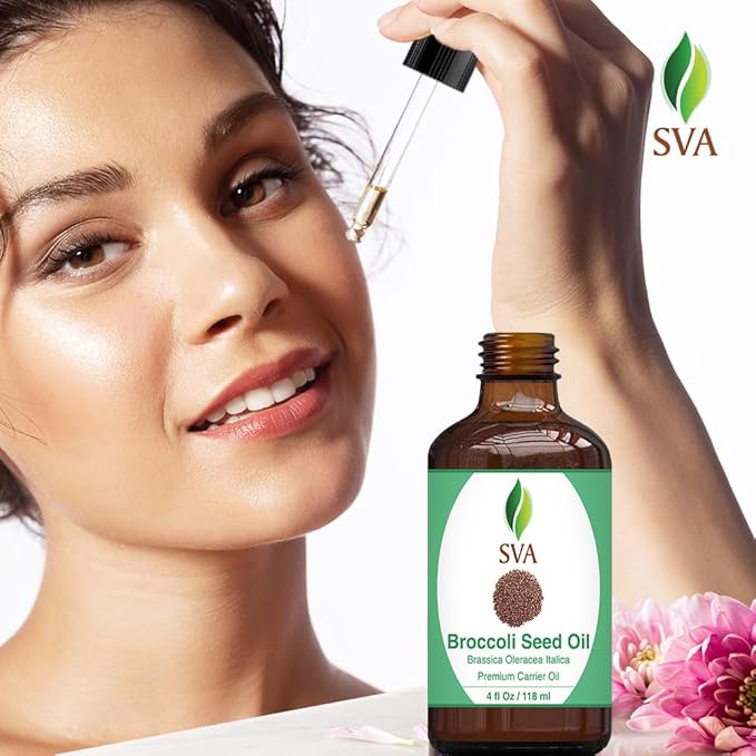 SVA Broccoli Seed Oil - 4 Fl Oz – 100% Natural Cold Pressed Broccoli Oil - for Face, Skin Care, Hair Care, Scalp Massage & Body Massage – Carrier Oil with Dropper