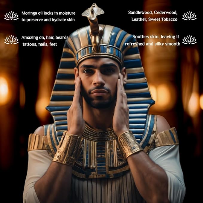Pharoah - 100% Pure Moringa Oil blended with Leather, and Sweet Tobacco Essential oils and infused with Egyptian Ormus Gold - Pure Moringa Seed oil - Scent of The Nile - 2oz. (60 Ml)