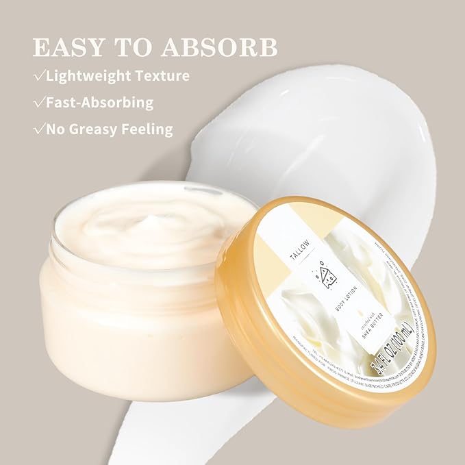 Tallow Lotion, Beef Tallow for Skin Face, Travel Size Body Lotion for Women and Men Dry Skin, Deep Moisturizing and Hydrating with Natural Shea Butter, Smell Good, 100ml(3.4floz)