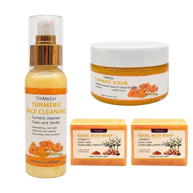 Turmeric Facial Cleanser,Turmeric Soap And Turmeric Face Scrub Three Piece Set for Face & Body,Turmeric Face Wash,Turmeric Exfoliating Scrub,Turmeric Soap Bar for Face