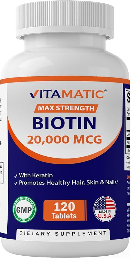Vitamatic High Potency Biotin 20000 mcg (20mg) with Keratin 100mg - 120 Vegetarian Tablets - Biotin Supplements for Healthy Hair Skin & Nails for Adults (120 Count (Pack of 2))