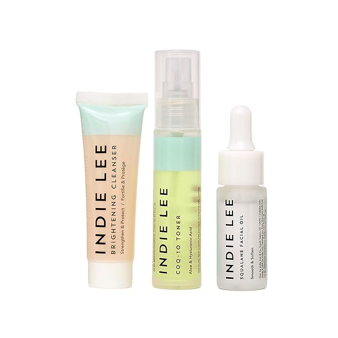 Indie Lee Discovery Gift Set - Travel Size Toiletries Skincare Set with Brightening Cleanser, CoQ-10 Toner + Squalane Facial Oil - Skin Care Kit for Adults (3-Piece Travel Size Set)