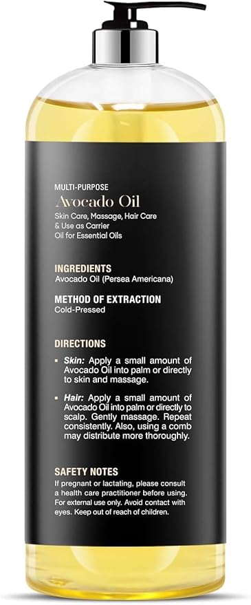 MAJESTIC PURE Avocado Oil - 100% Pure and Natural, Cold-Pressed, for Skin Care, Massage, Hair Care, and Carrier Oil to Dilute Essential Oils, 16 fl oz