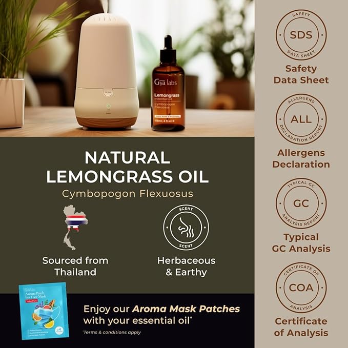Gya Labs Lemongrass Essential Oil for Diffuser - Huge 4 Fl Oz - 100% Pure Natural Lemongrass Oil for Hair, Skin, Herbaceous, Earthy & Zesty Scent for Candle Making