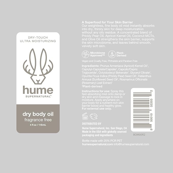 HUME SUPERNATURAL Dry Body Oil Spray - Moisturizing Oil for Dry Skin, After Shower Hydrating Body Oils for Women and Men, Nourishing, Glow, Probiotic, Fragrance Free, 2-Pack