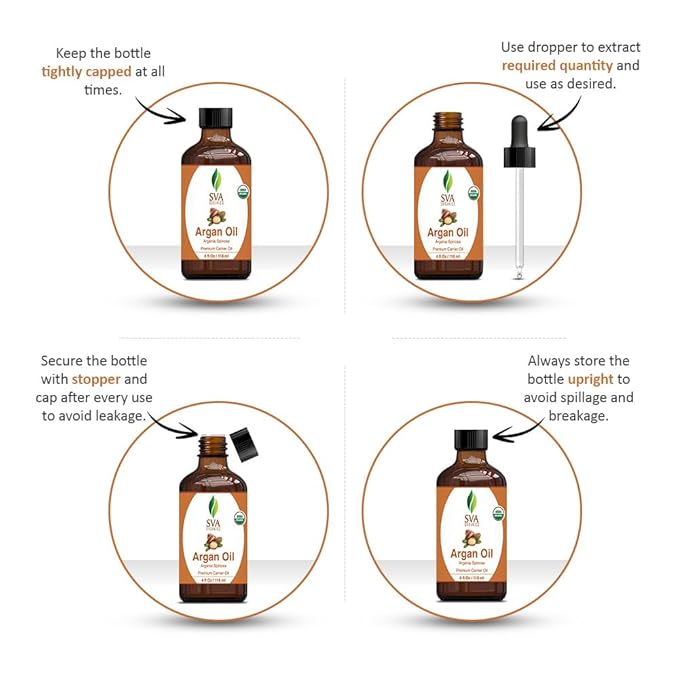 SVA Argan Oil Organic - 4 Fl Oz – 100% Natural Cold Pressed Organic Argan Oil - for Face, Skin Care, Hair Care, Scalp Massage & Body Massage – Carrier Oil with Dropper