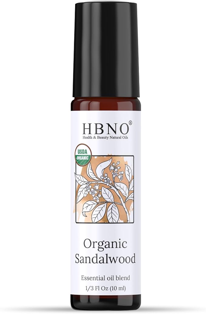 HBNO Organic Australian Sandalwood Essential Oil Roll-On -1/3oz(10 ml) Travel Size-USDA Certified Organic Sandalwood and Mct OilsPerfect for Traveling,Aromatherapy,Massage,perfumes,moisturizer