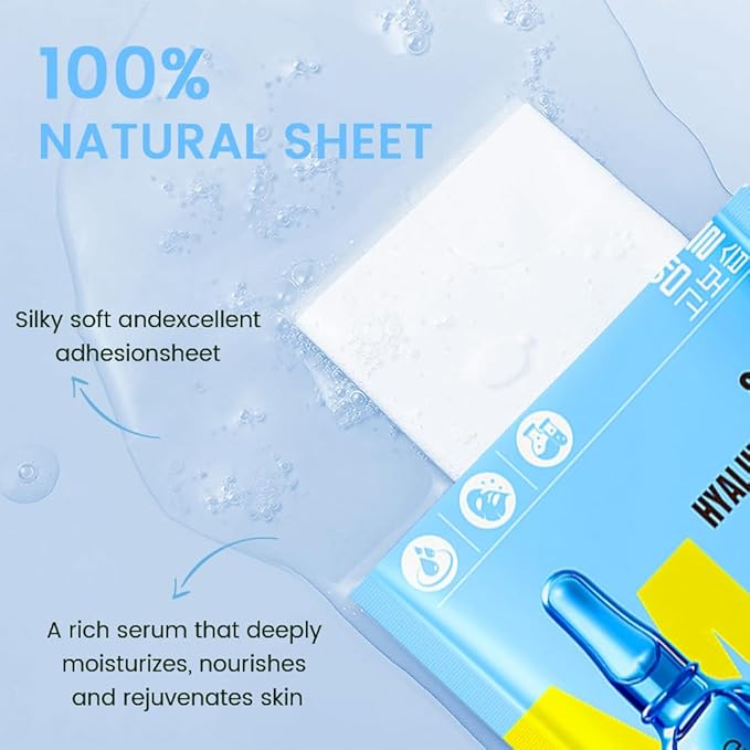 Hyaluronic Acid Face Sheet Mask Skincare,Hydrating Spa Face Mask For Sensitive Skin,Moisturize,Nourish for All Skin Types,Natural Skin Care Spa Face Mask for Women Men Girls,Pack of 6