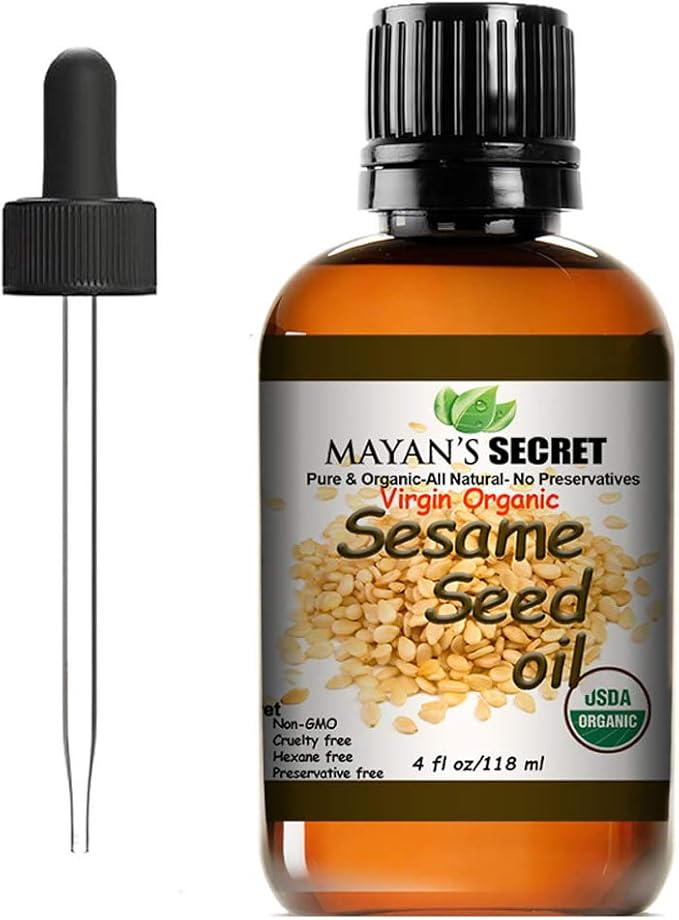 Mayan's Secret USDA Certified Virgin Organic Sesame Seed Oil Unrefined 100% Pure Natural For Skin, Body, Face, and Hair Growth Large 4oz Glass Bottle
