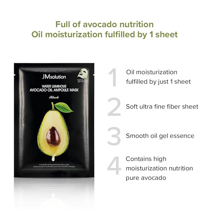 JM Solution Marine Luminous Pearl Deep Moisture 3 Step Skin Care Face Mask - Korean Skincare Facial Mask - boosting Brightening Moisturizing-10 Sheets for Dry Skin (Avocado)