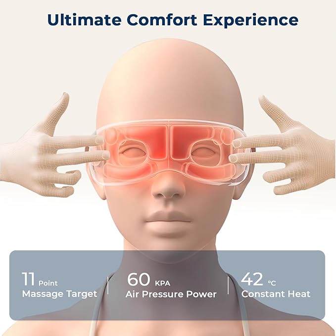 Eye Massager with Heat and Music, Heated Eye Mask with Bluetooth 180°Folding 5-Mode Voice Announcement Heating Massage for Sleep Travel Eyes Strain Relief, White