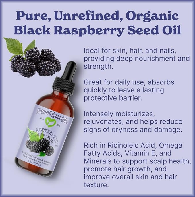 4oz Black Raspberry Seed Oil, 100% Pure and Natural, Cold-Pressed, Unrefined, Organic, for Healthy Skin and Hair - Includes Pump & Dropper