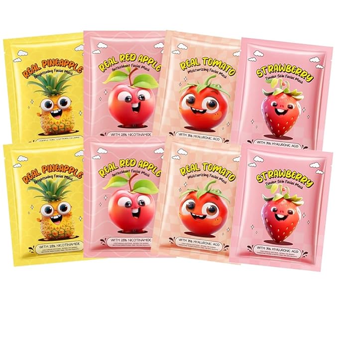 8 Pack Fruit Facial Mask Set โ Hydrating & Brightening Combo Face Masks for All Skin Types, Natural Sheet Masks Gift Set, Hypoallergenic Spa Skincare for Women/Men, Soothe Sensitive Skin (8 Pcs-Set05)
