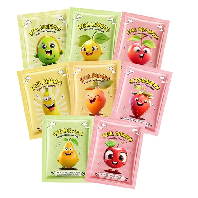 8 Pack Fruit Facial Mask Set โ Hydrating & Brightening Combo Face Masks for All Skin Types, Natural Sheet Masks Gift Set, Hypoallergenic Spa Skincare for Women/Men, Soothe Sensitive Skin (8 Pcs-Set01)