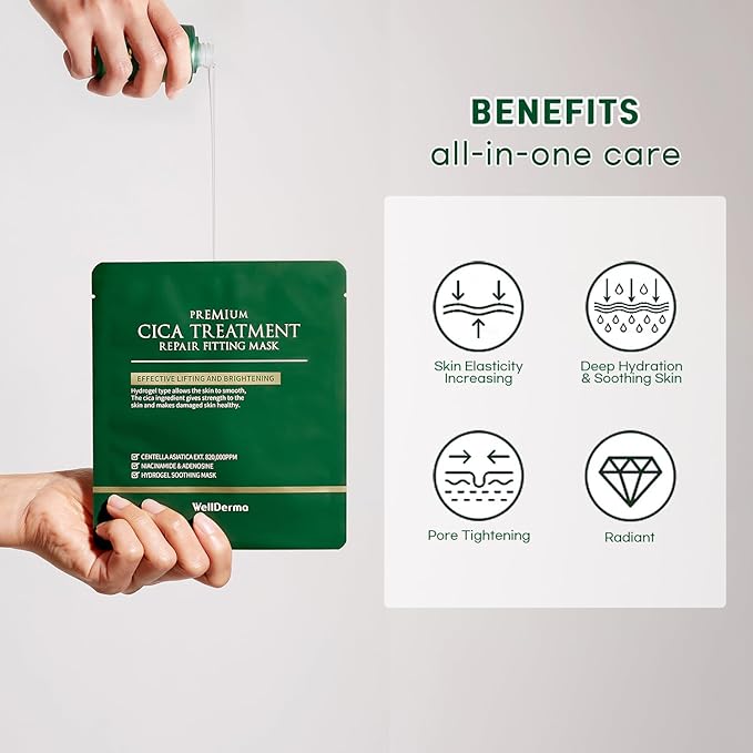 WELLDERMA Premium Cica Mask Treatment Repair Fitting Korean Mask 4Sheets hydrogel, centella Sensitive skin, Firming, soothing for Smooth & Clear Face Skin
