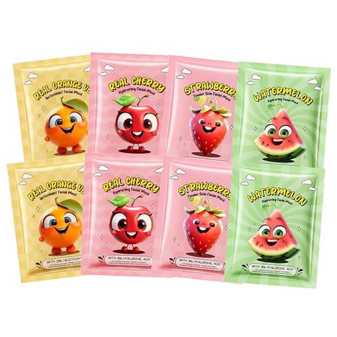 8 Pack Fruit Facial Mask Set โ Hydrating & Brightening Combo Face Masks for All Skin Types, Natural Sheet Masks Gift Set, Hypoallergenic Spa Skincare for Women/Men, Soothe Sensitive Skin (8 Pcs-Set02)