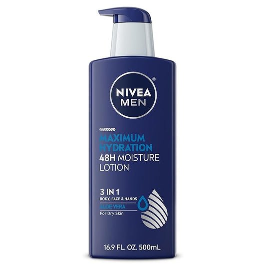 NIVEA MEN Maximum Hydration 48-Hour Moisture Body Lotion for Dry Skin, Aloe Vera Lotion for Men, 3-in-1 Body, Face and Hands, Dermatologically-Tested, 16.9 Fl Oz Bottle