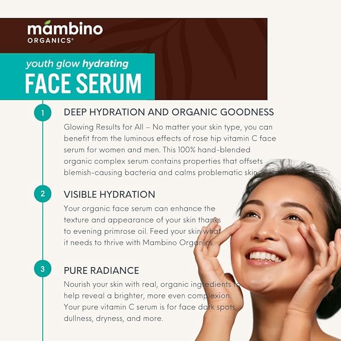 Mambino Organics Youth Glow Hydrating Serum – Organic, Face Serum with Namibian Marula – Nourishing Omegas & Vitamin C for Dryness, Dark Spots, Dullness – Cruelty-Free Skin Care, 1 fl oz