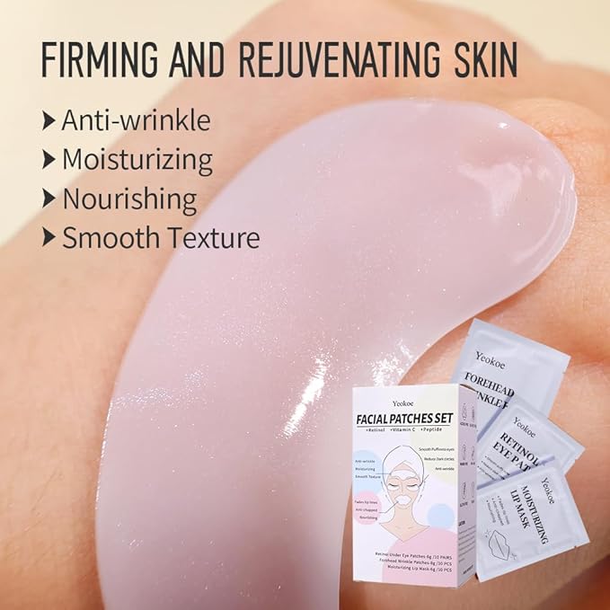 Forehead Wrinkle Patches,Under Eye Patches and Lip Mask 30 PCS. Face Masks Skincare With Retinol Serum For Anti-aging Puffy Eyes and Dark Circles