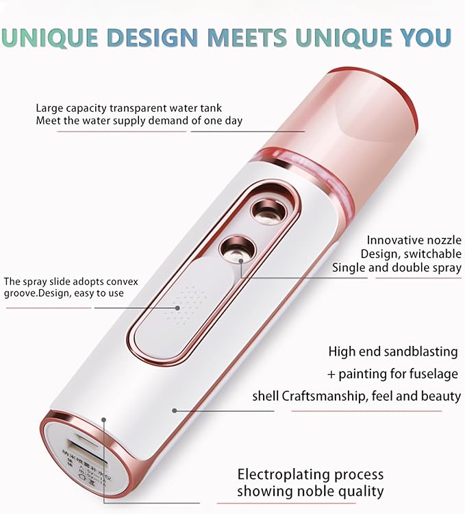 Nano Facial Mister, Cool Mist Face Steamer with 2 Spray Nozzle, USB Rechargeable, Visual Water Tank, Nano Mister for Eyelash Extensions, Skin Care, Daily Makeup, Deep Hydrating-Pink