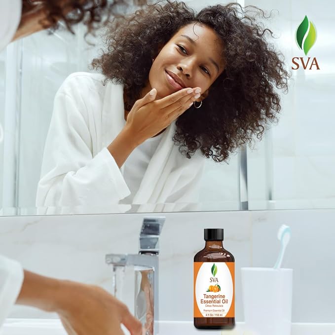 SVA Tangerine Essential Oil – 4 Fl Oz – 100% Natural Tangerine Oil - for Diffuser, Hair Care, Face, Skin Care, Aromatherapy, Scalp and Body Massage, Soap and Candle Making – with Dropper