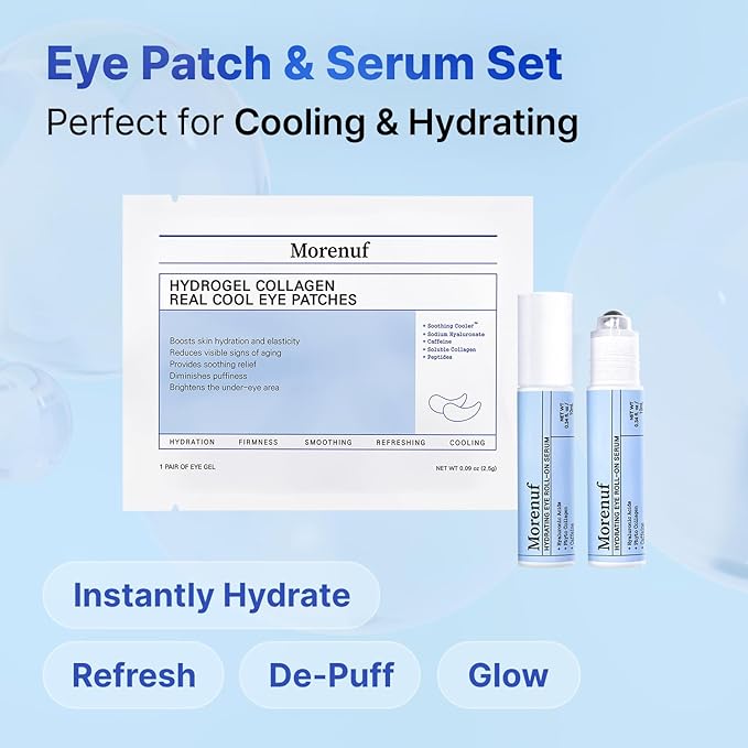 Hydrogel Collagen Real Cool 6 Pairs of Eye Patches & Hydrating Roll-On Serum Set for Dark Circles and Puffiness - Hyaluronic Acid and Caffeine Eye Serum Korean