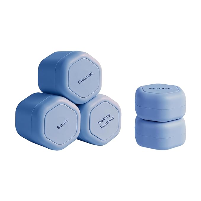 Cadence Travel Containers - Core Skincare Set - Magnetic Travel Capsules - 2 Small (0.56oz) & 3 Medium Capsules (1.32oz) with Cleanser, Moisturizer, Serum, Makeup Remover & Sun-Icon Label - Pacific