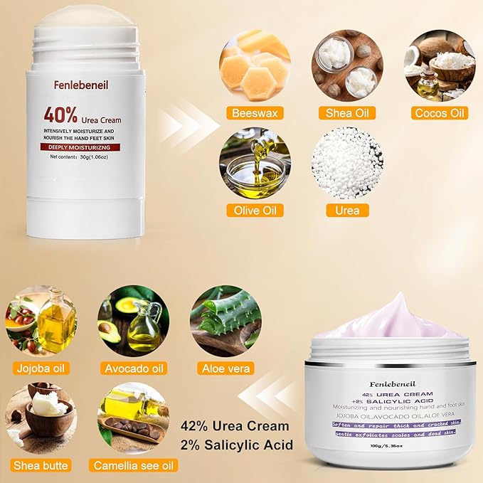 Urea Cream 40%,Urea Cream 42% Plus 2% Salicylic Acid Maximum Strength For Feet,Foot Cream for Dry Cracked Heels Feet Knees Elbows Hand,Travel and Home Foot Care Kit,Foot Heel,Gift Pack