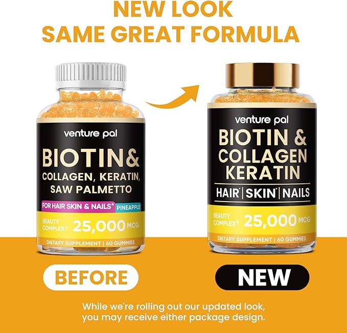 Venture Pal Biotin Gummies with Collagen & Keratin - Hair Growth Support Skin and Nail Strength Vitamins for Women & Men - Biotin 10000mcg | B-Complex | Saw Palmetto - Sugar Free, Non-GMO, 60ct