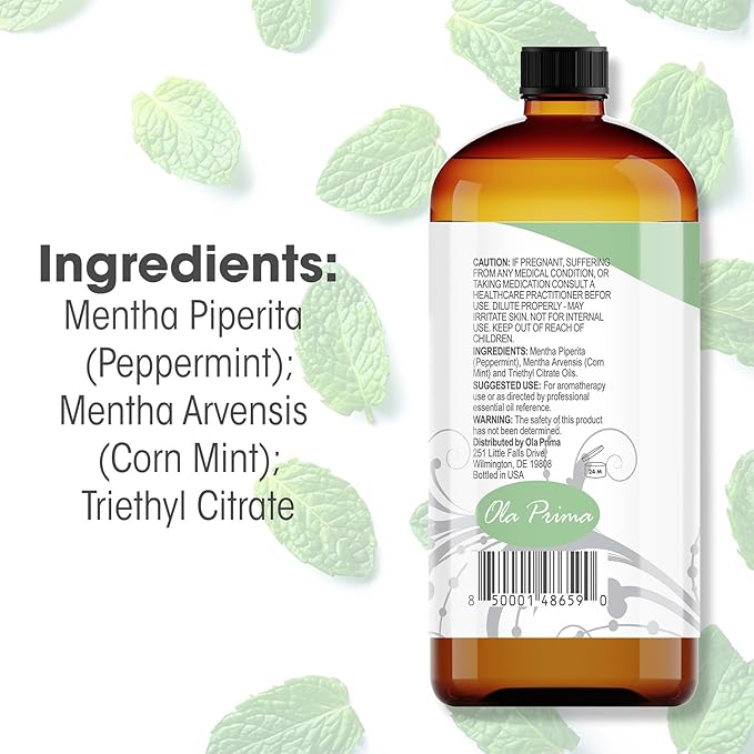 Ola Prima Peppermint Essential Oil Therapeutic Grade 16 oz for Aromatherapy, Diffuser, Cleaning, Lotions, Creams, Bath Bombs, Scrubs, Candles