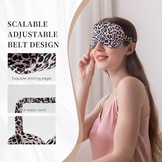 THXSILK Sleep Mask 100% 19 Momme Pure Mulberry Silk Super Smooth Cooling Decorative Sleep Eye Mask Blackout Eye Cover with Wide Head Strap, Leopard-Pink