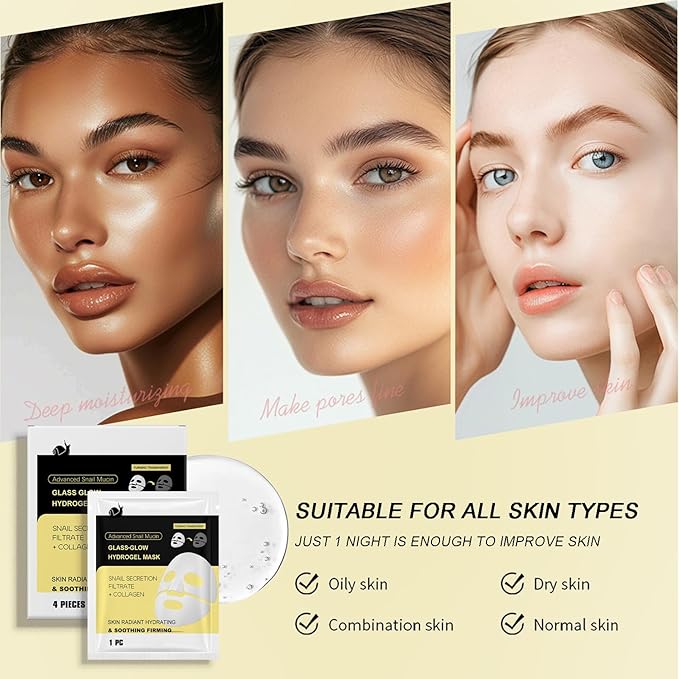 Advanced Snail Mucin Glass-Skin Hydrogel Mask, Collagen Face Mask with Snail Mucin Serum - Self Care, Face Masks for Dry, Sensitive Skin, Collagen Mask Nourish & Soften the Skin, Korean Skin Care 8Pcs