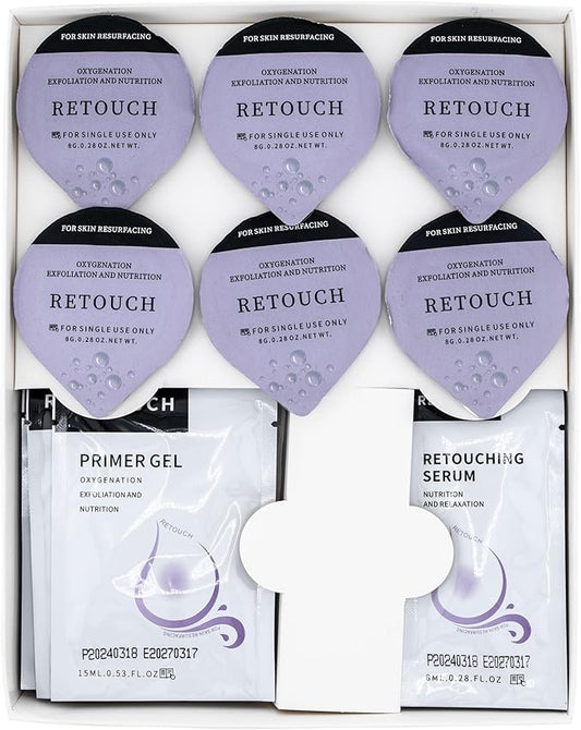 Retouch - Oxygen Facial CO2 Therapy, Home Facial, 6 Pods + 6 Primer Gel + 6 Serum After Treatment (New Formula Less Foam)
