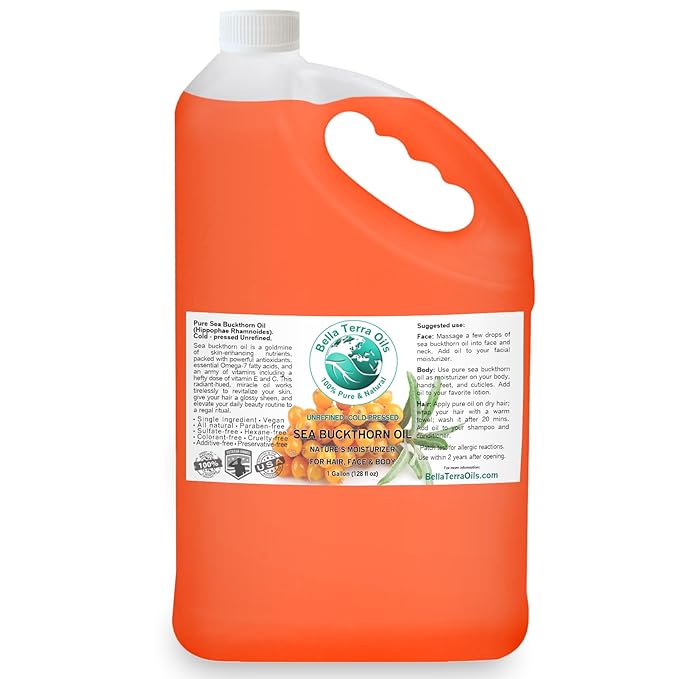 Bella Terra Oils Pure Sea Buckthorn Oil – 1 gallon, Unique Nutrient Blend, Nourishing, Non-Greasy, Radiant Glow for Skin, Softness for Hair