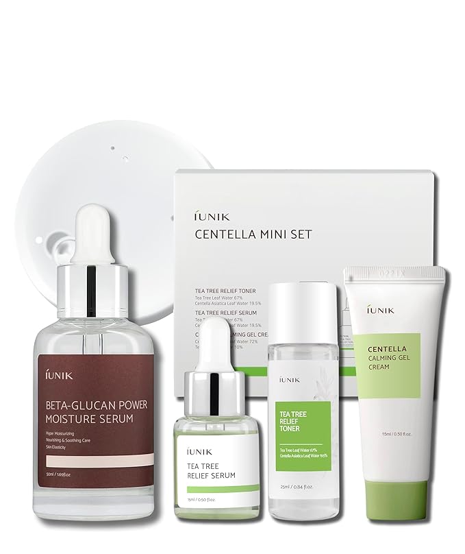 iUNIK Centella Mini Set, Travel Friendly Skincare Set, Ultra calming and hydrating for sensitive skin: Tea Tree Relief Toner,Serum, Centella Calming Gel Cream with Beta Seru