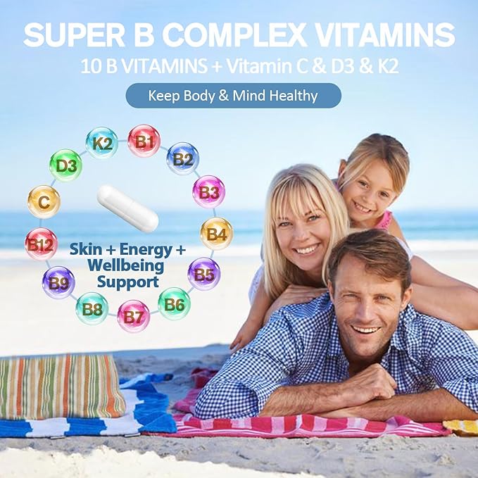 13-in-1 Vitamin B Complex Plus with Vitamin B1, B2, B3 (Niacin), B4, B5, B6, B7 (Biotin), B8 (Inositol), B9 (Folate), B12, C, D3, K2 for Energy, Nerve, Immune, Skin - 120 Caps per Bottle - 2 Bottles