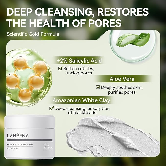 LANBENA Nose Pore Strips, 2pcs, 2% BHA(Salicylic Acid) Blackheads Remover Peel off Mask, Plants Pore Cleanser Purifying Face Mask, Unclog Pores, Oil Control, Upgraded 2.0 added Amazonian White Clay