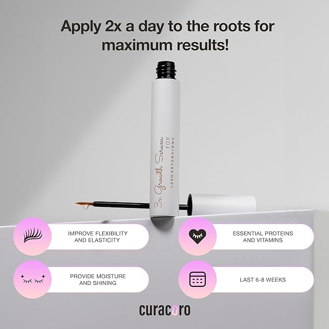 Curacoro 3x Growth Serum For Lash Extension, Peptide Enhancing Solution for Natural Lashes, Lash Extensions & Eyebrows, Eyelash Serum To Grow Lashes Fuller & Longer Looking Eyelashes (5ml)