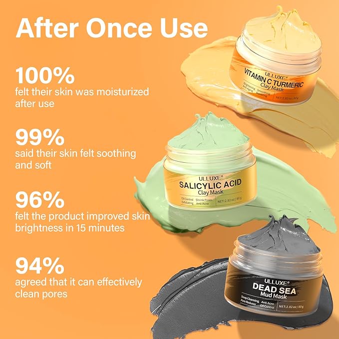 Facial Clay Mask Set - Vitamin C Face Mask with Turmeric, Dead Sea Mud & Salicylic Acid Mask for Pores Cleansing, Blackheads, Dark Spots, Brightening, Face Masks Skincare Gift for Women, 2.82 oz each