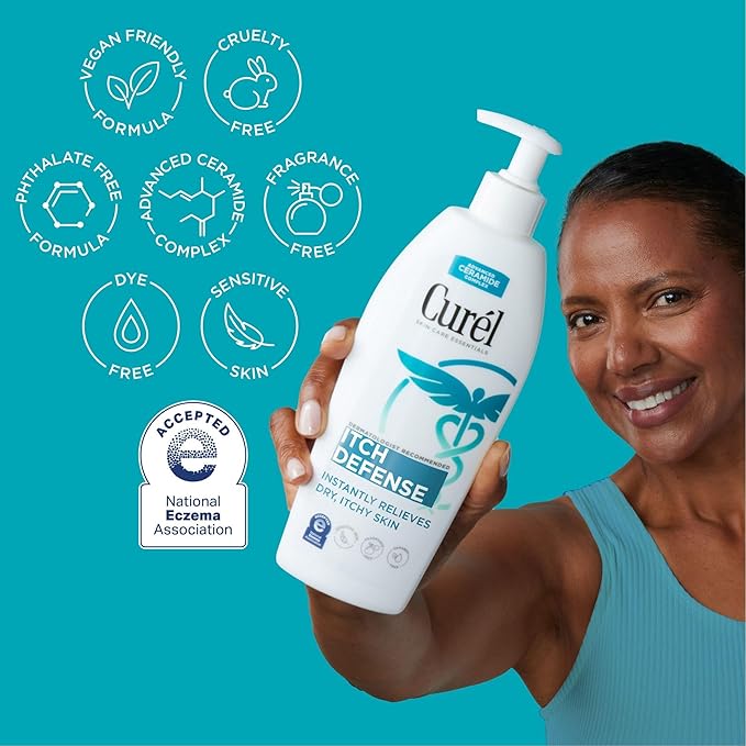 Curel Itch Defense Calming Body Lotion, Moisturizer for Dry, Itchy Skin, Body and Hand Lotion, with Advanced Ceramide Complex, Pro-Vitamin B5, Shea Butter, 13 Oz, Pack of 3