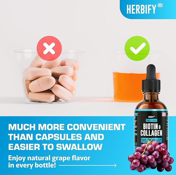 HERBIFY Collagen and Biotin Liquid Drops - Faster Absorption Joint Health Supplement for Hair Growth and Stronger Nails - Hair Skin and Nails Vitamins for Women and Men - B7 Supplement - Made in USA