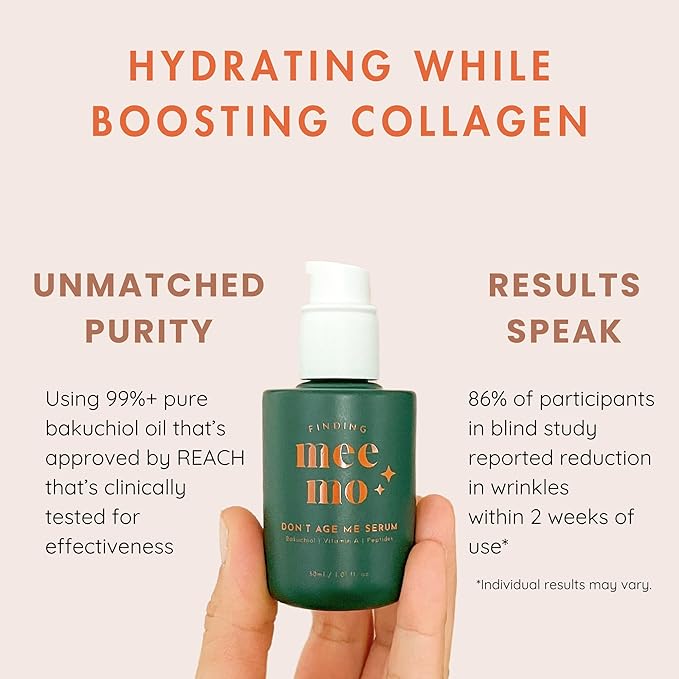 Bakuchiol Face Serum - Finding Meemo Don't Age Me Retinol Alternative Peptide Serum for Fine Lines & Wrinkles, 1% Bakuchiol Oil, Anti Aging Serum