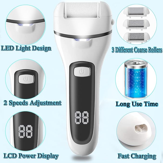 Rechargeable Callus Remover for Feet, 13-in-1 Professional Pedicure Tools Foot Care Kit, Foot Scrubber Electric Feet File Pedi for Hard Cracked Dry Dead Skin, 3 Rollers, 2 Speed, Battery Display