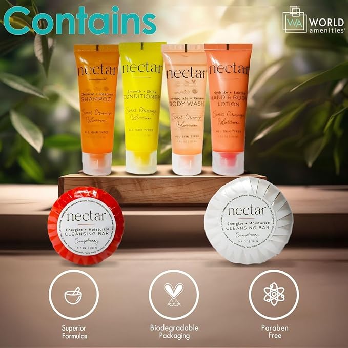 Nectar Mini Travel Size Toiletries Bathroom Kit | Sweet Orange Blossom| Shampoo, Conditioner, Body Wash, Lotion, Two Round Cleansing Bars and Body Bar