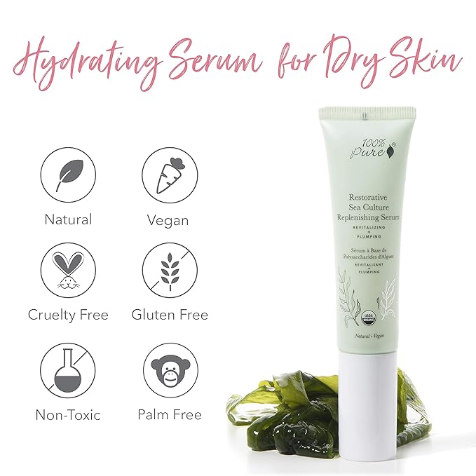 100% PURE Restorative Sea Culture Replenishing Serum, Anti-Aging Serum, Hyaluronic Acid for Face, Hydrating Serum for Everyday Use - 1 Fl Oz